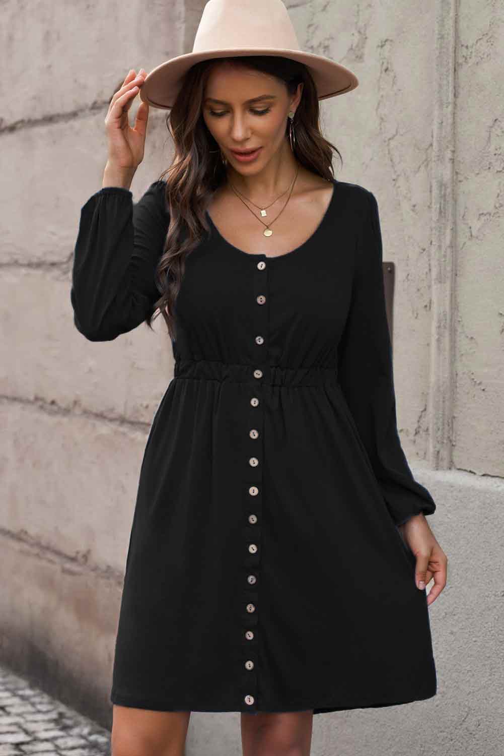 Scoop Neck Empire Waist Long Sleeve Mini Dress