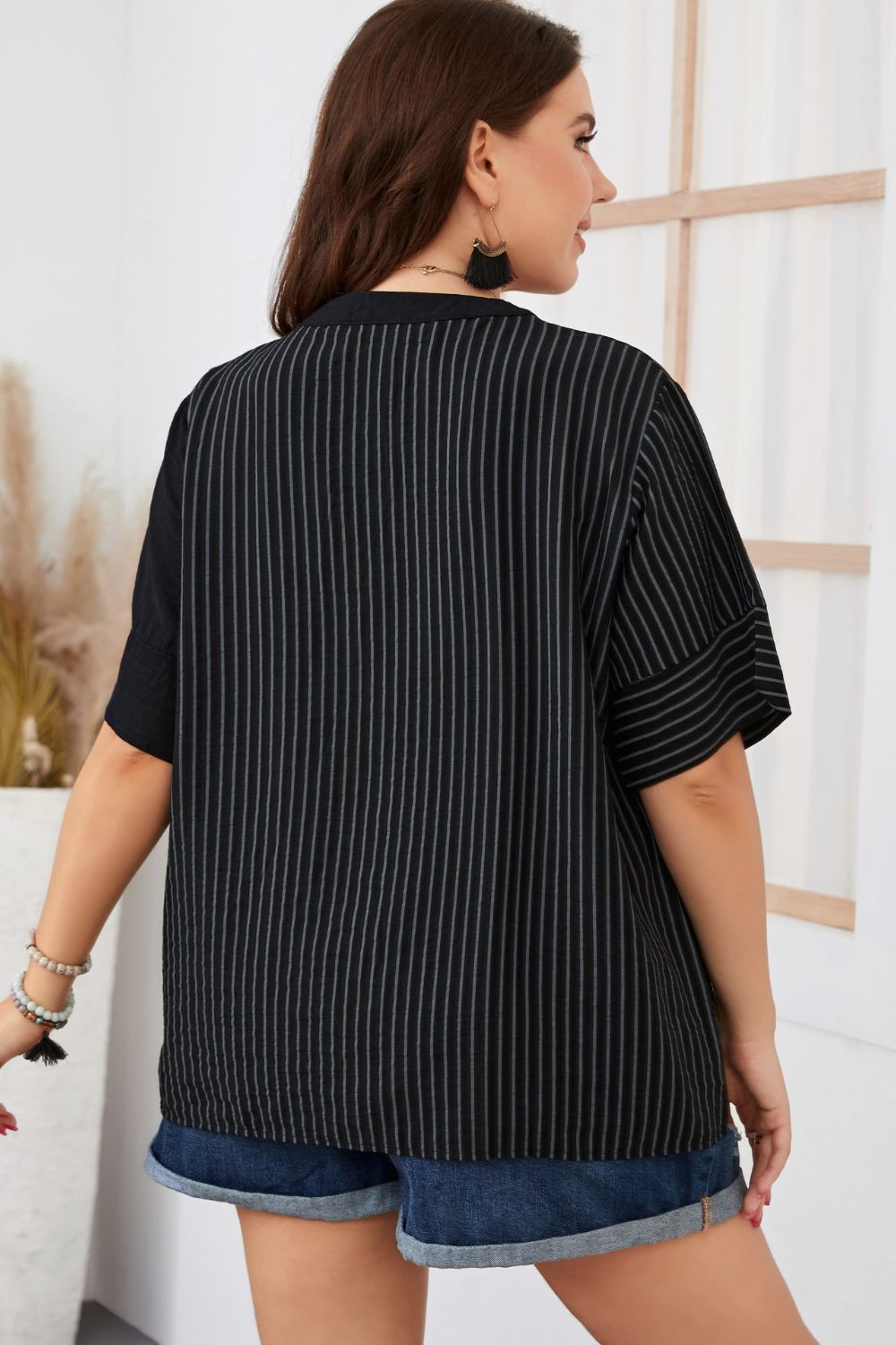 Plus Size Striped Notched Neck Half Sleeve Top