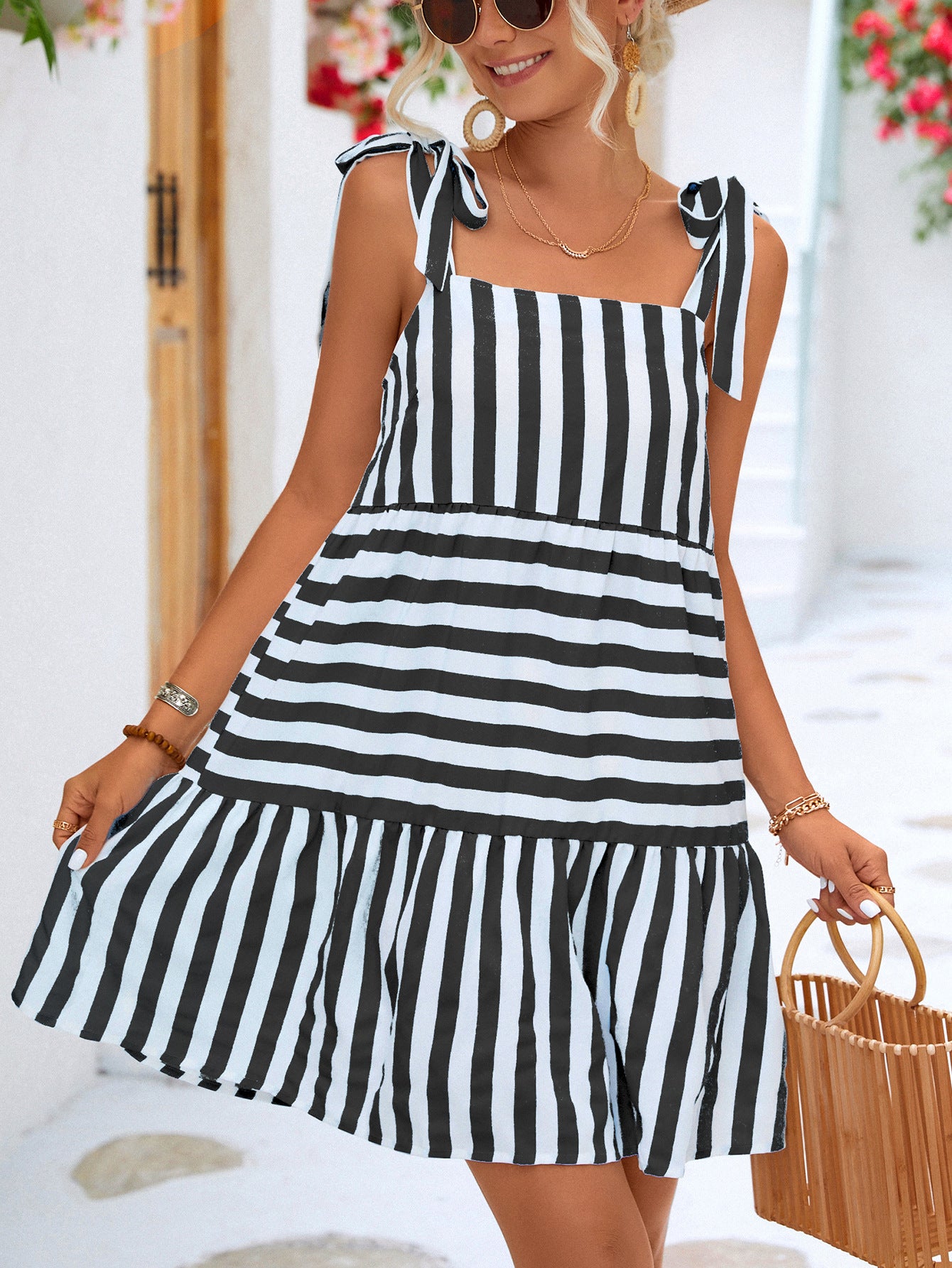 Striped Tie Shoulder Straight Neck Mini Dress