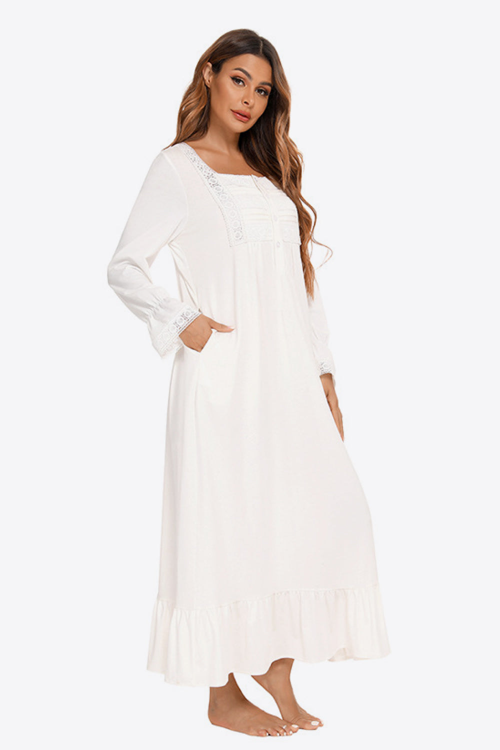 Contrast Lace Trim Ruffle Hem Square Neck Night Dress