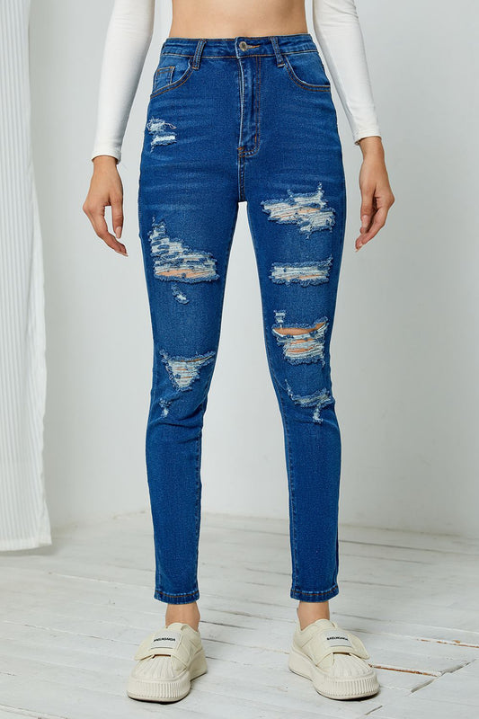 Distressed Slim Fit Long Jeans