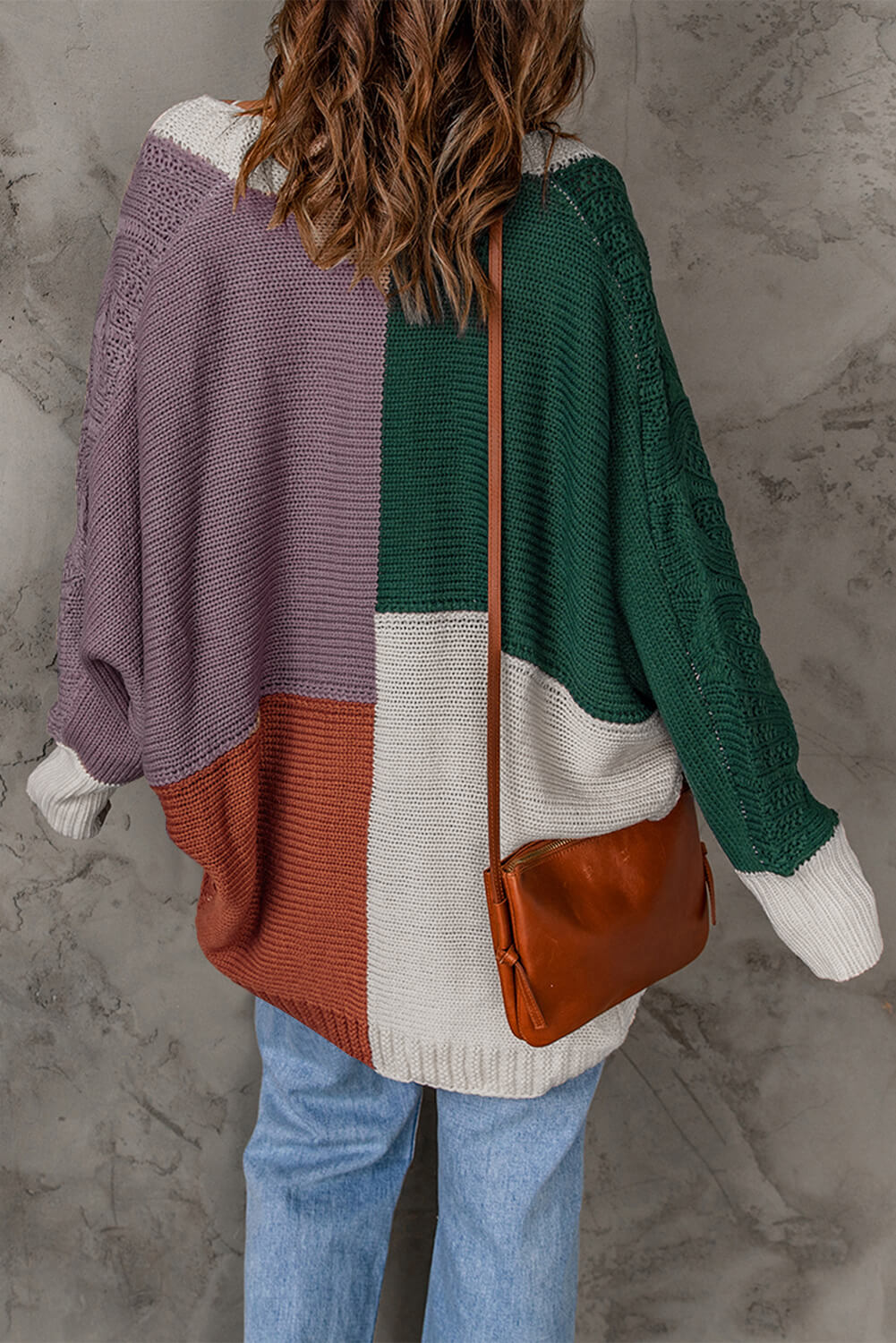 Color Block Cable-Knit Batwing Sleeve Cardigan