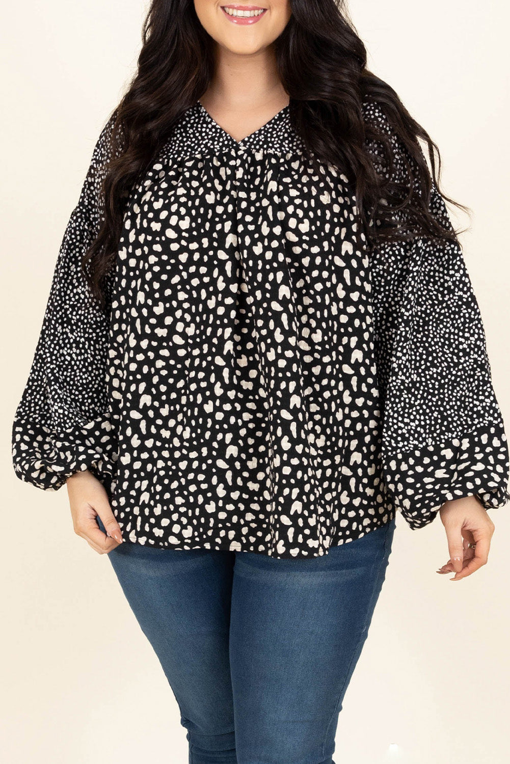 Plus Size Animal Print Balloon Sleeve Blouse