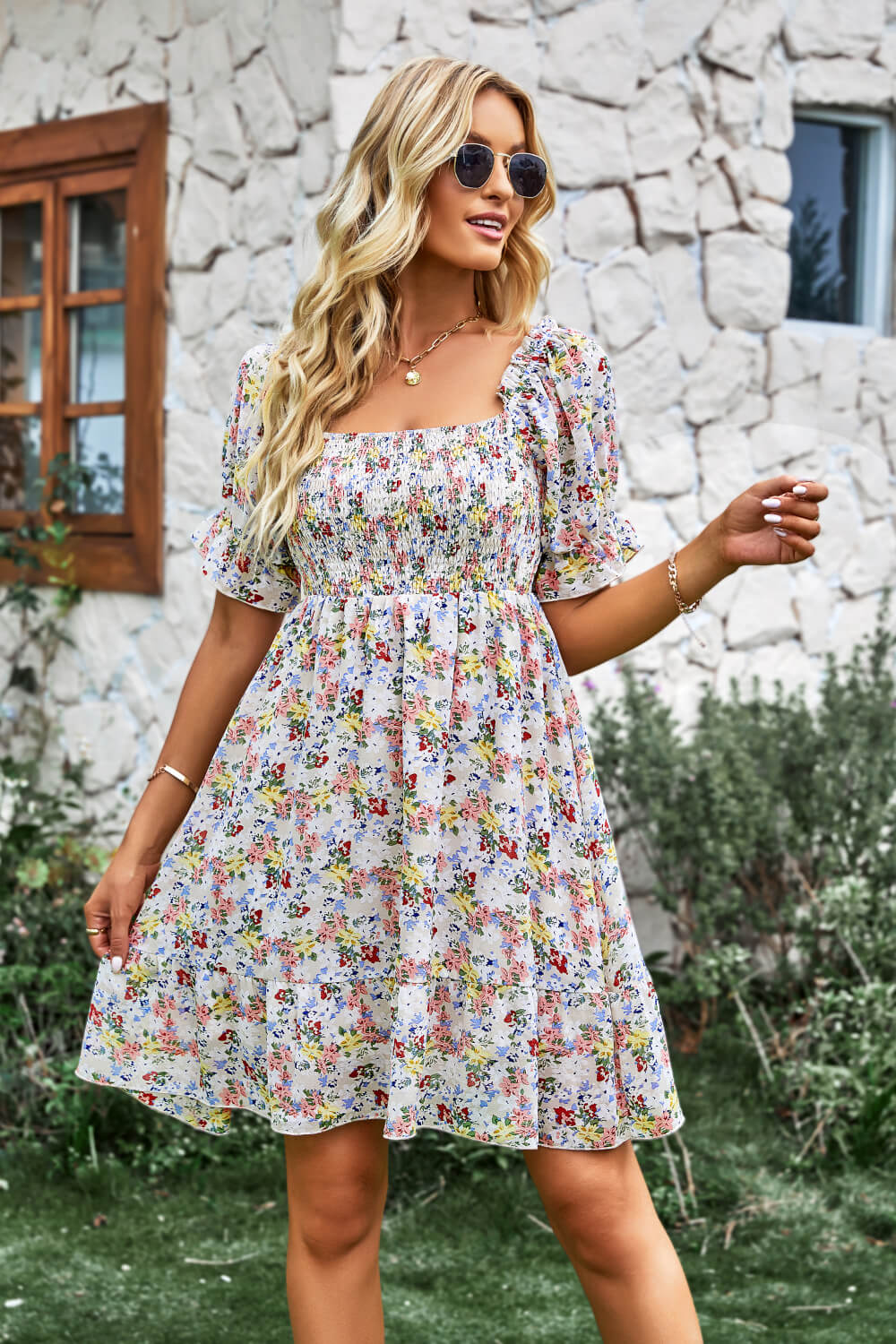 Floral Square Neck Smocked Frill Trim Dress