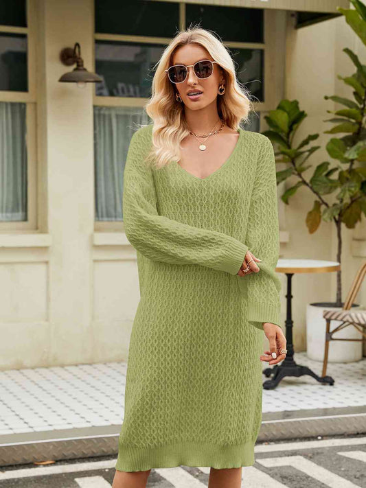 V-Neck Long Sleeve Sweater Dress