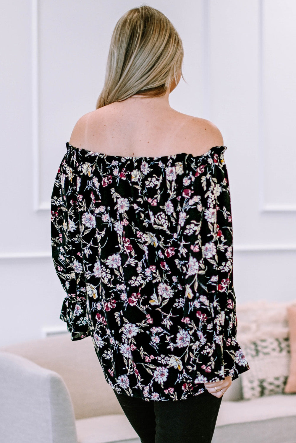 Plus Size Floral Frilled Off-Shoulder Blouse