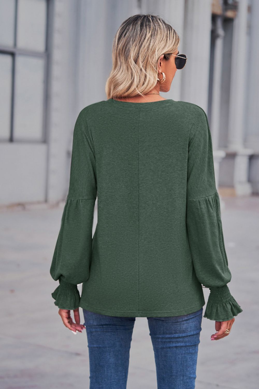 Long Flounce Sleeve Round Neck Top