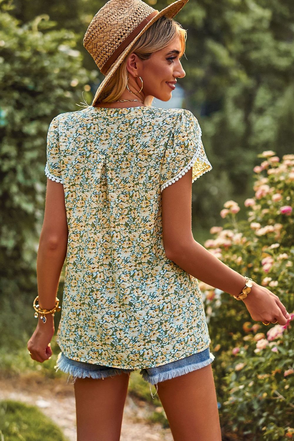 Floral Petal Sleeve Notched Blouse