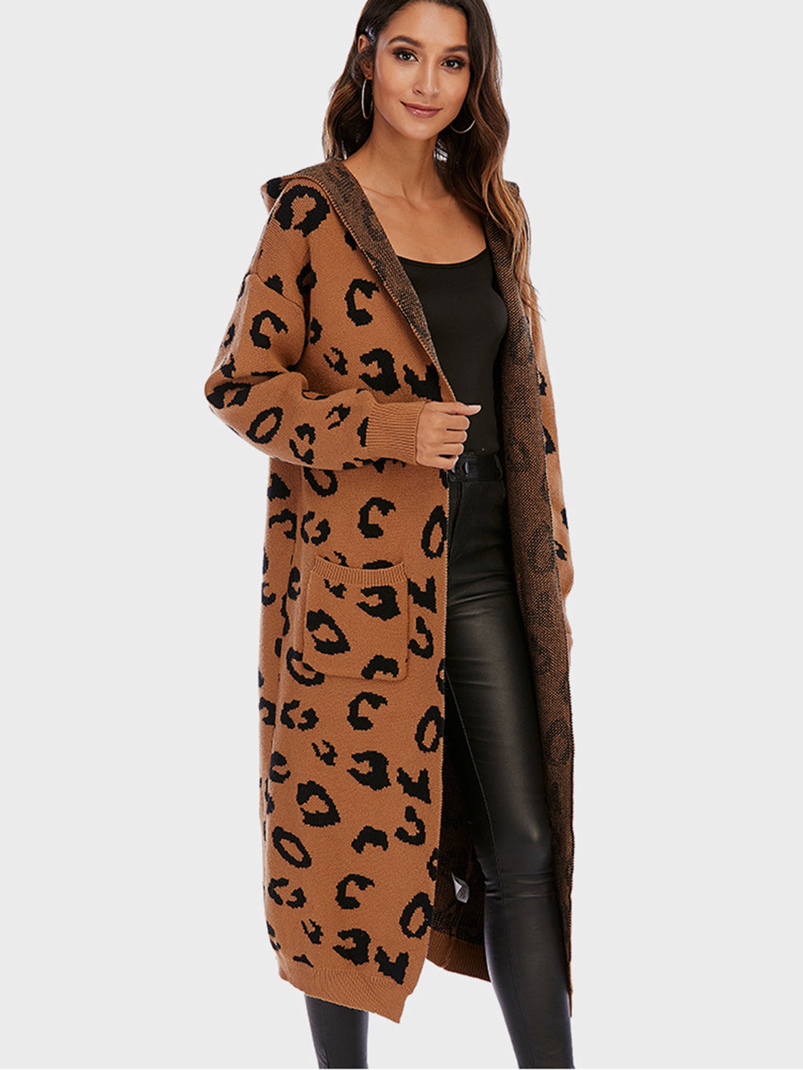 Leopard Hooded Cardigan with Pockets