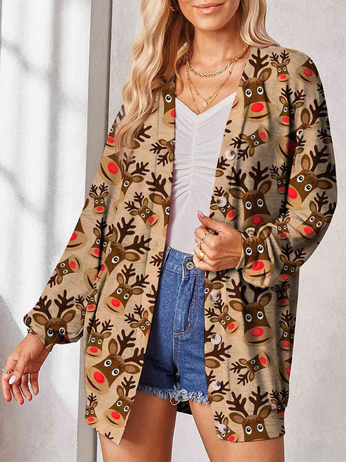 Printed Button Up Long Sleeve Cardigan