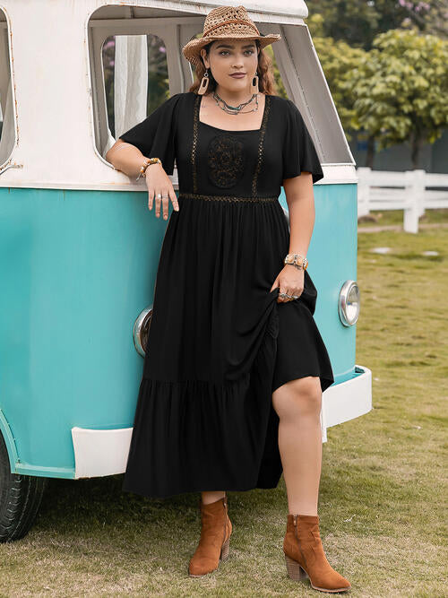 Plus Size Square Neck Short Sleeve Ruffle Hem Dress