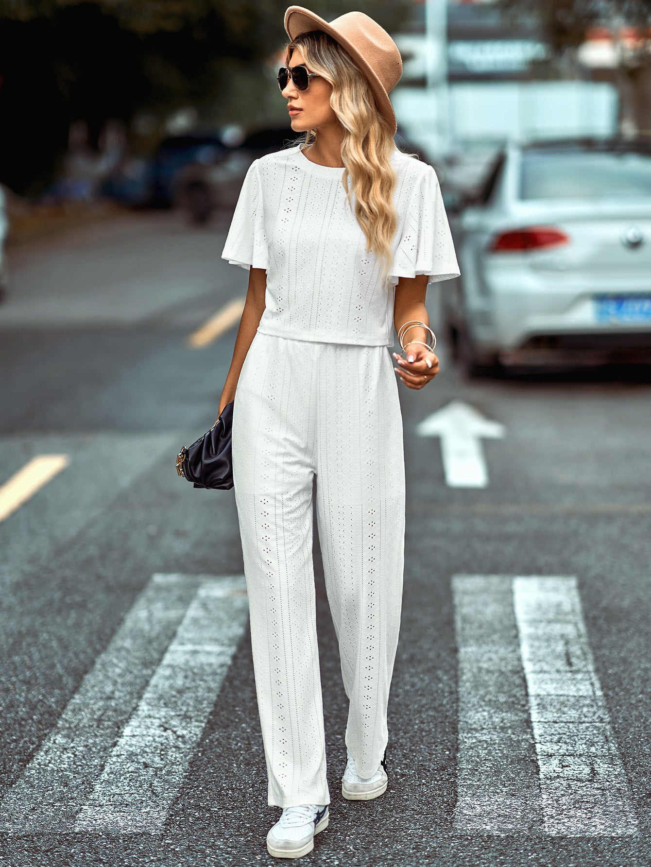 Textured Flutter Sleeve Top and Pants Set