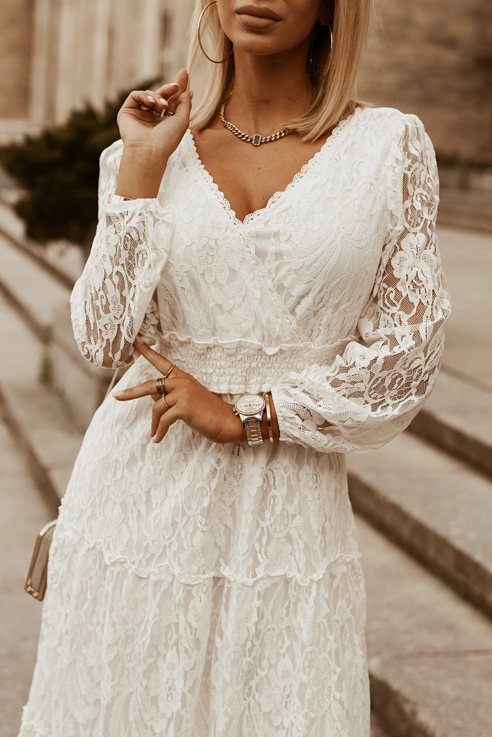 Puff Sleeve Tie-Back Lace Surplice Dress