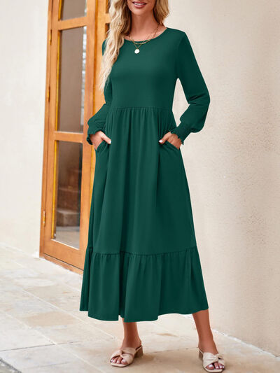 Round Neck Lantern Sleeve Ruffle Hem Dress