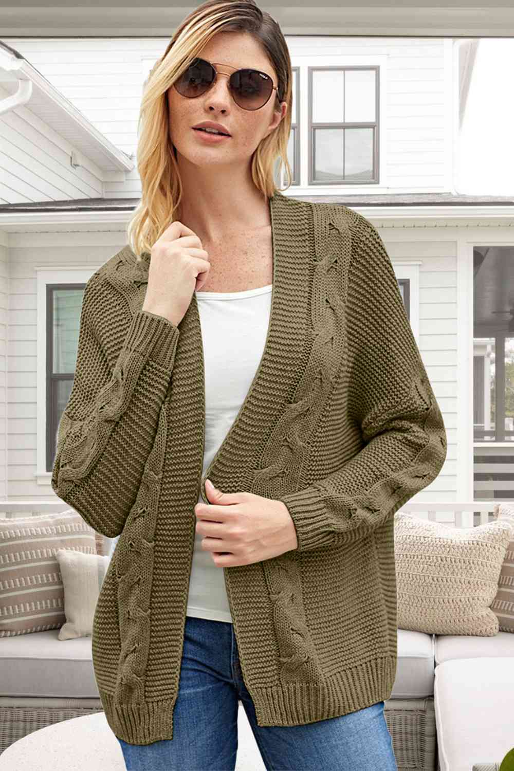 Cable-Knit Open Front Long Sleeve Cardigan