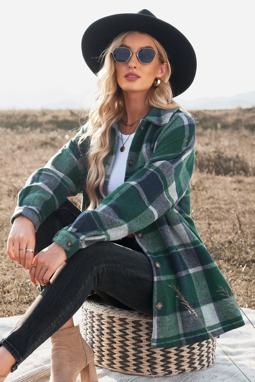 Plaid Dropped Shoulder Pocketed Shirt Jacket