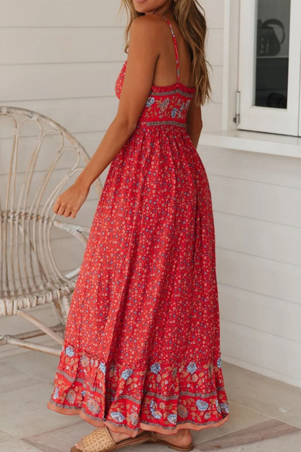 Bohemian Spaghetti Strap Frill Trim Maxi Dress