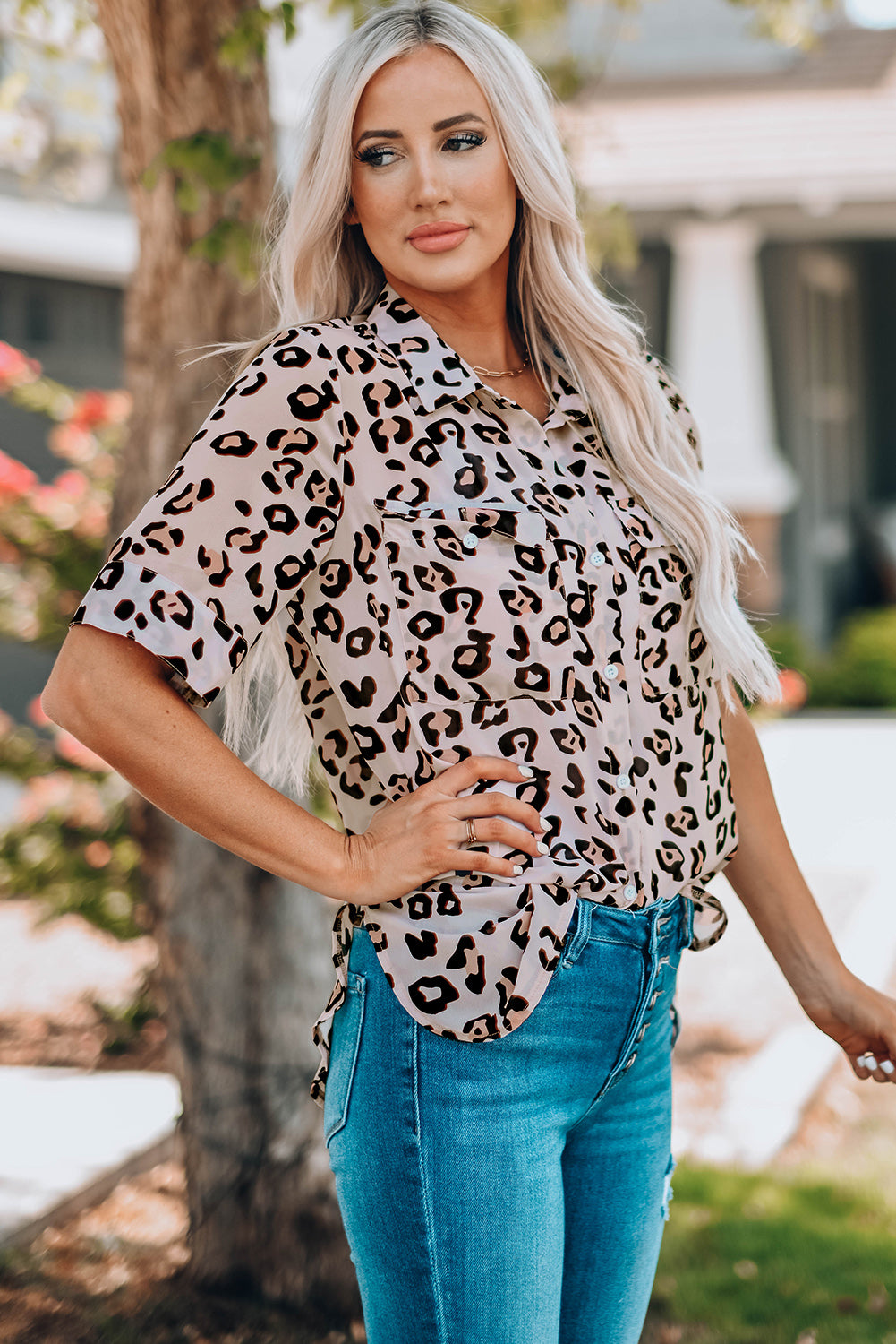 Leopard Button Front Short Sleeve Shirt with Breast Pockets