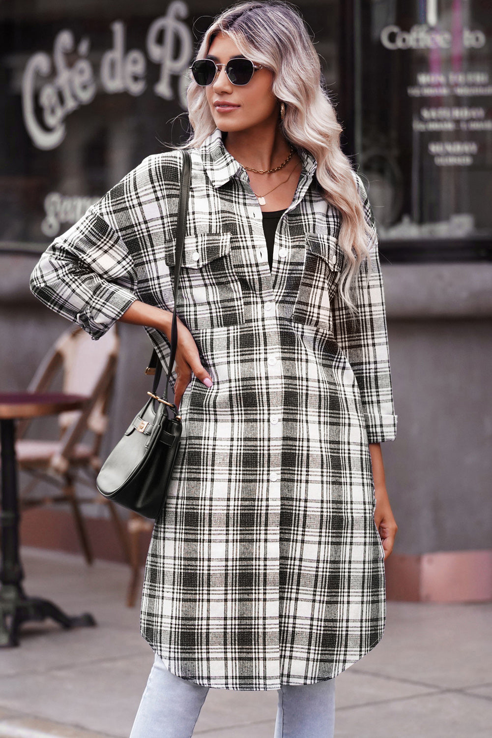 Plaid Button-Up Longline Shacket with Breast Pockets