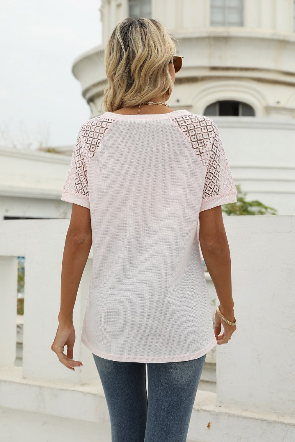 V-Neck Raglan Sleeve Openwork Tee