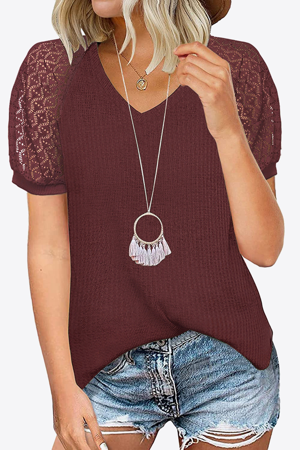 V-Neck Raglan Sleeve Openwork Tee