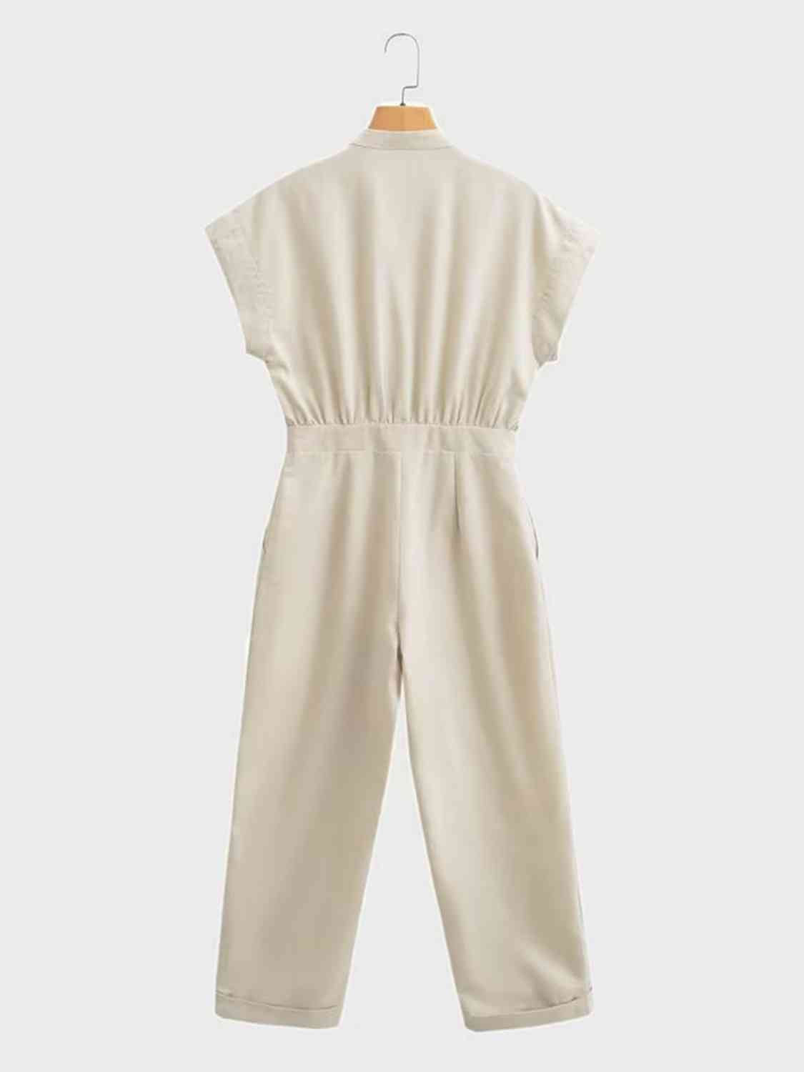 Notched Short Sleeve Jumpsuit with Pockets