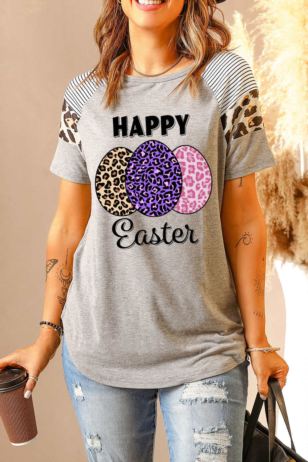 HAPPY EASTER Leopard Graphic Raglan Sleeve Tee