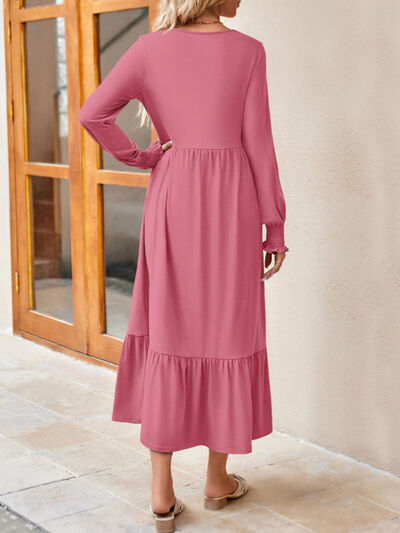 Round Neck Lantern Sleeve Ruffle Hem Dress