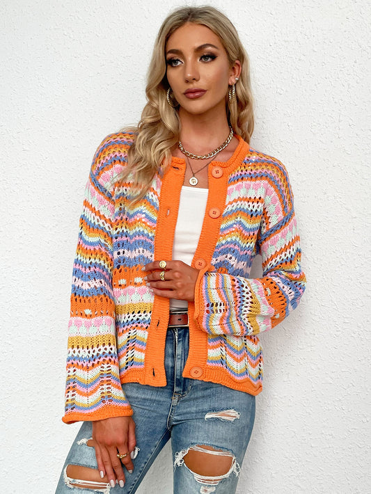 Chevron Stripes Openwork Cardigan