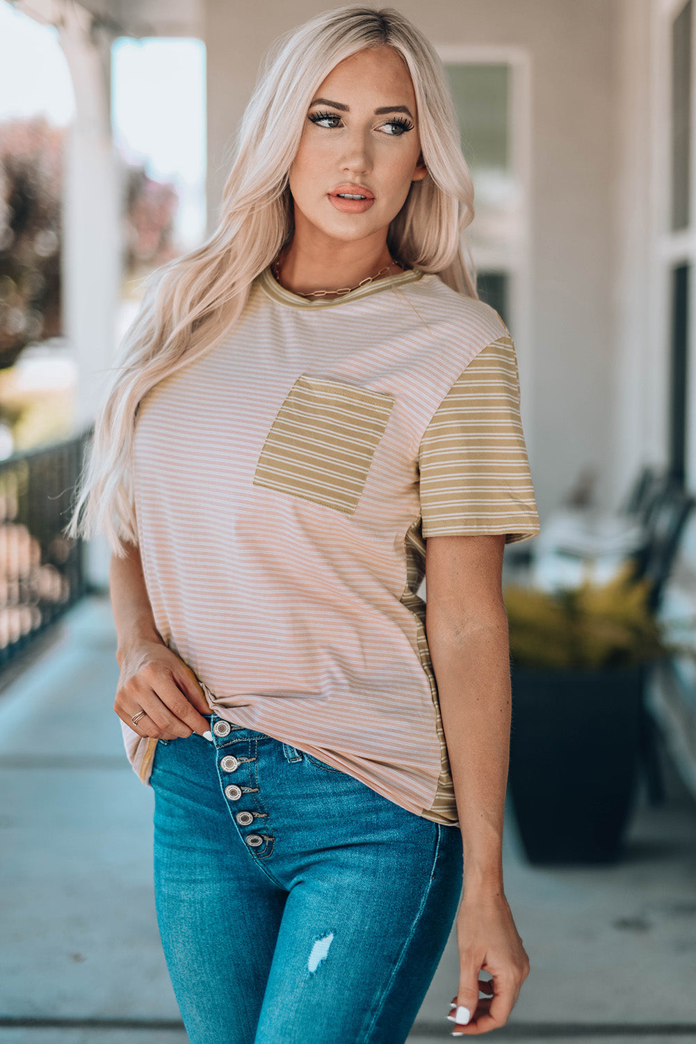 Striped Contrast T-Shirt with Breast Pocket