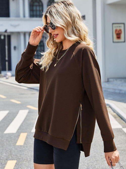 Zip Detail Round Neck Long Sleeve Sweatshirt