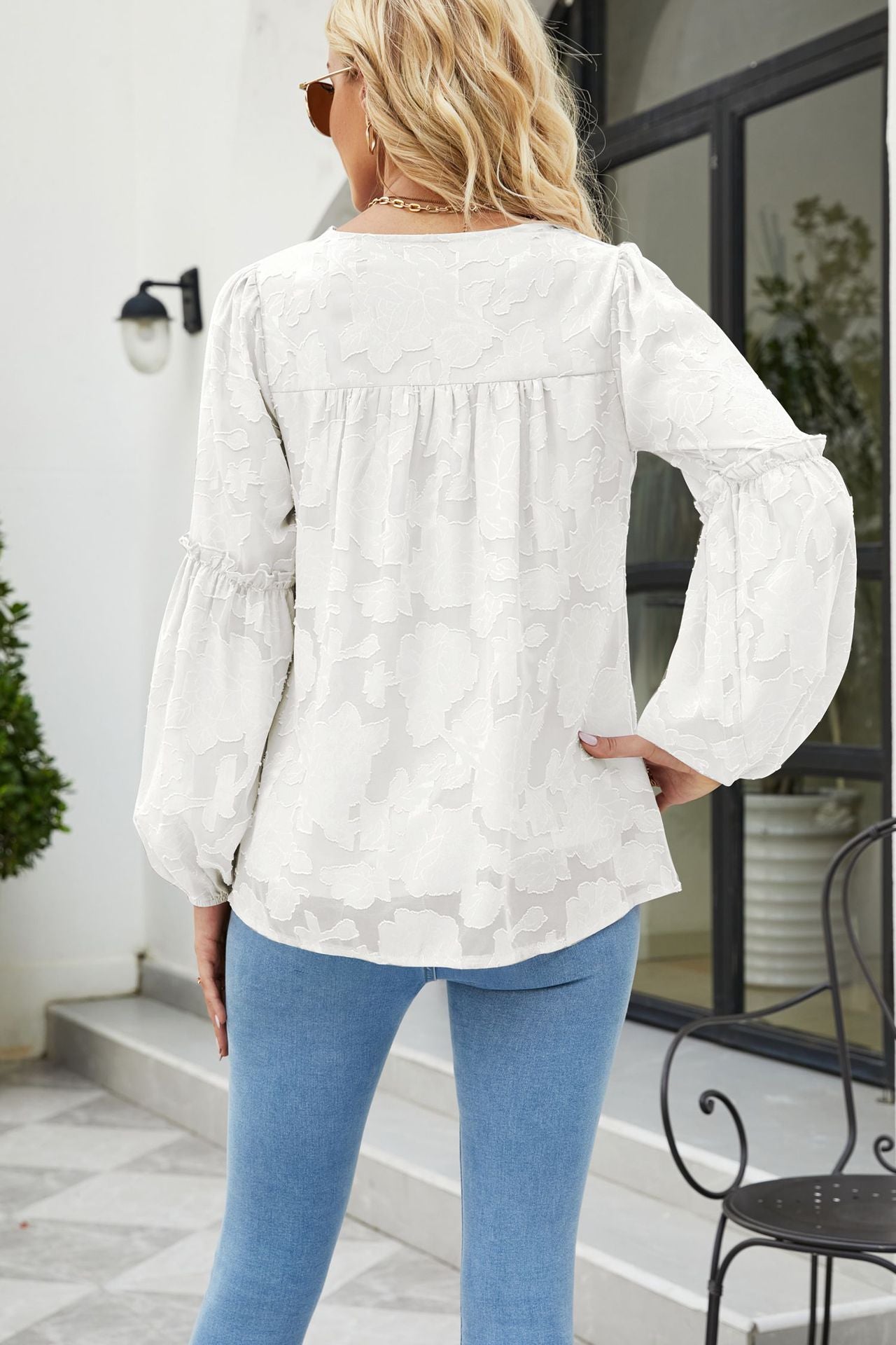 Applique Frill Trim Gathered Detail Blouse