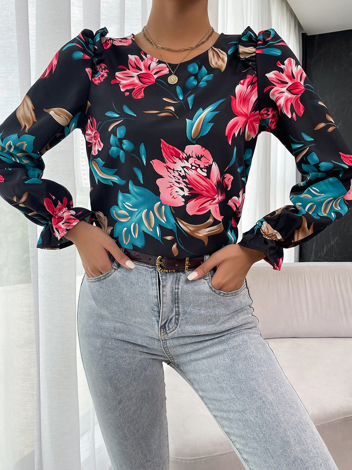 Floral Round Neck Ruffle Shoulder Blouse