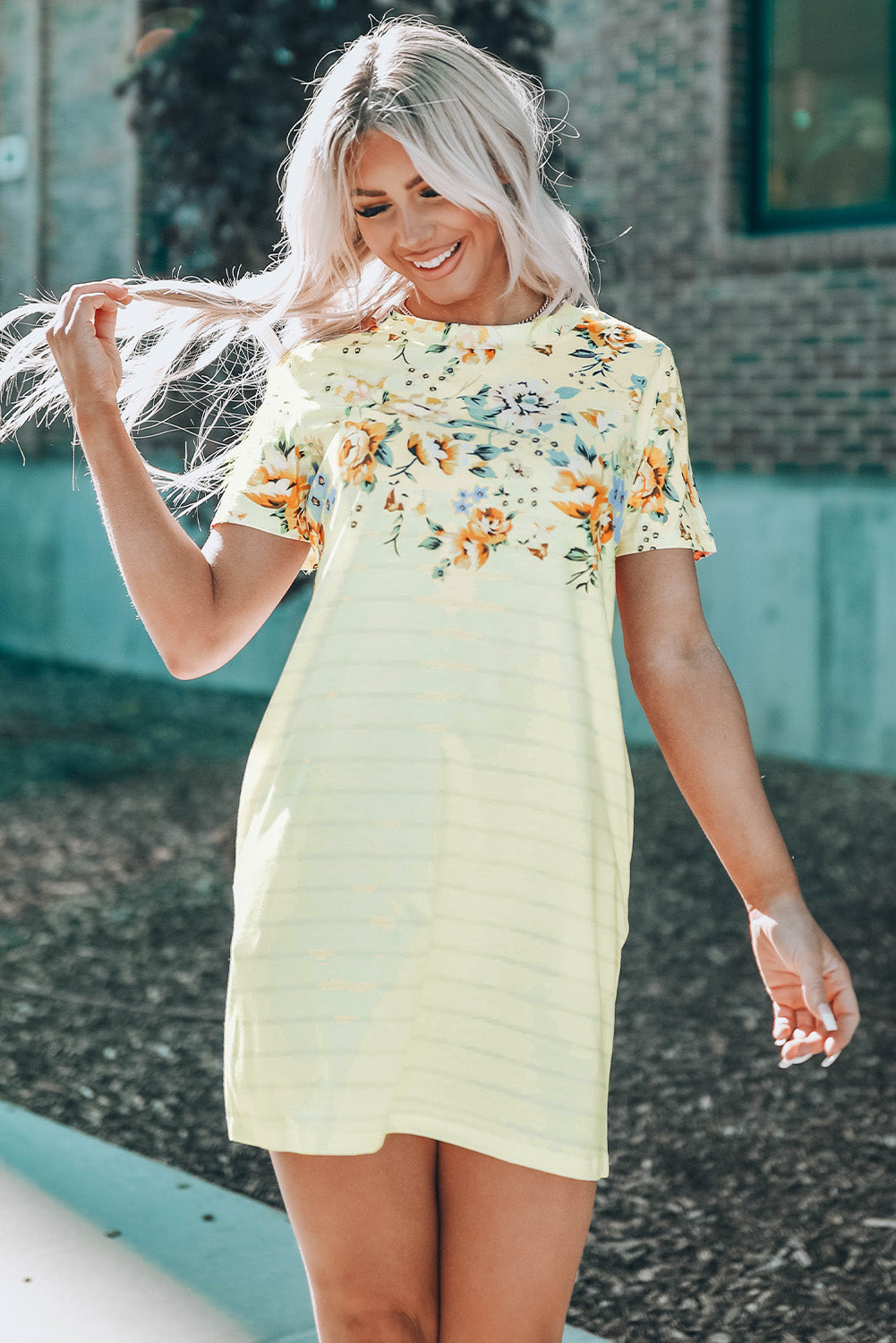 Floral Striped Short Sleeve Round Neck T-Shirt Dress