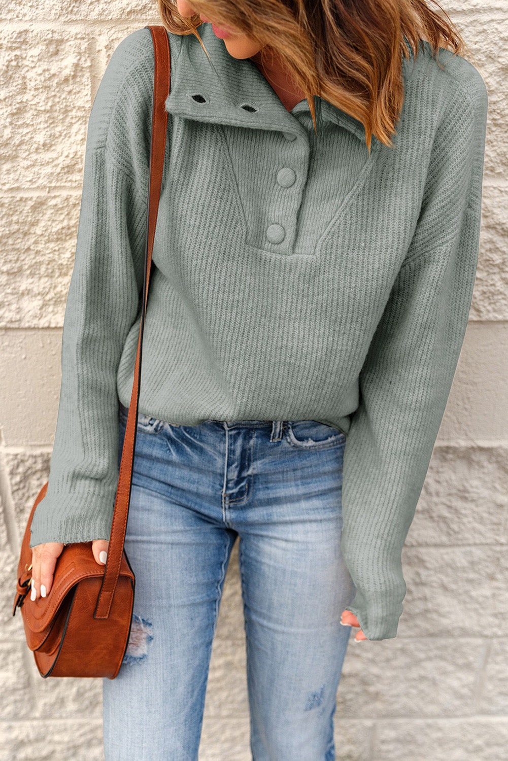 Half Button Dropped Shoulder Ribbed Sweater