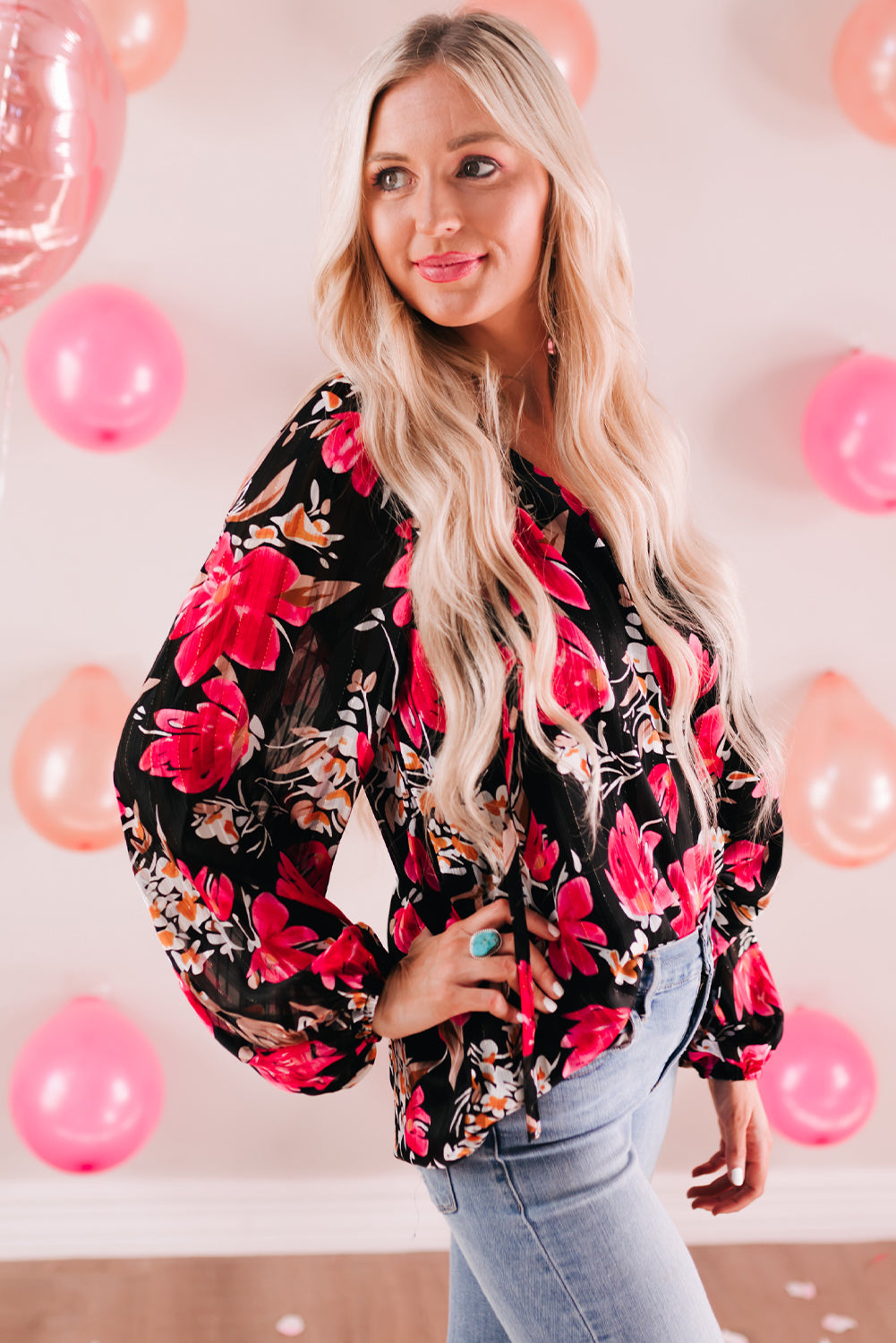 Floral V-Neck Balloon Sleeve Blouse