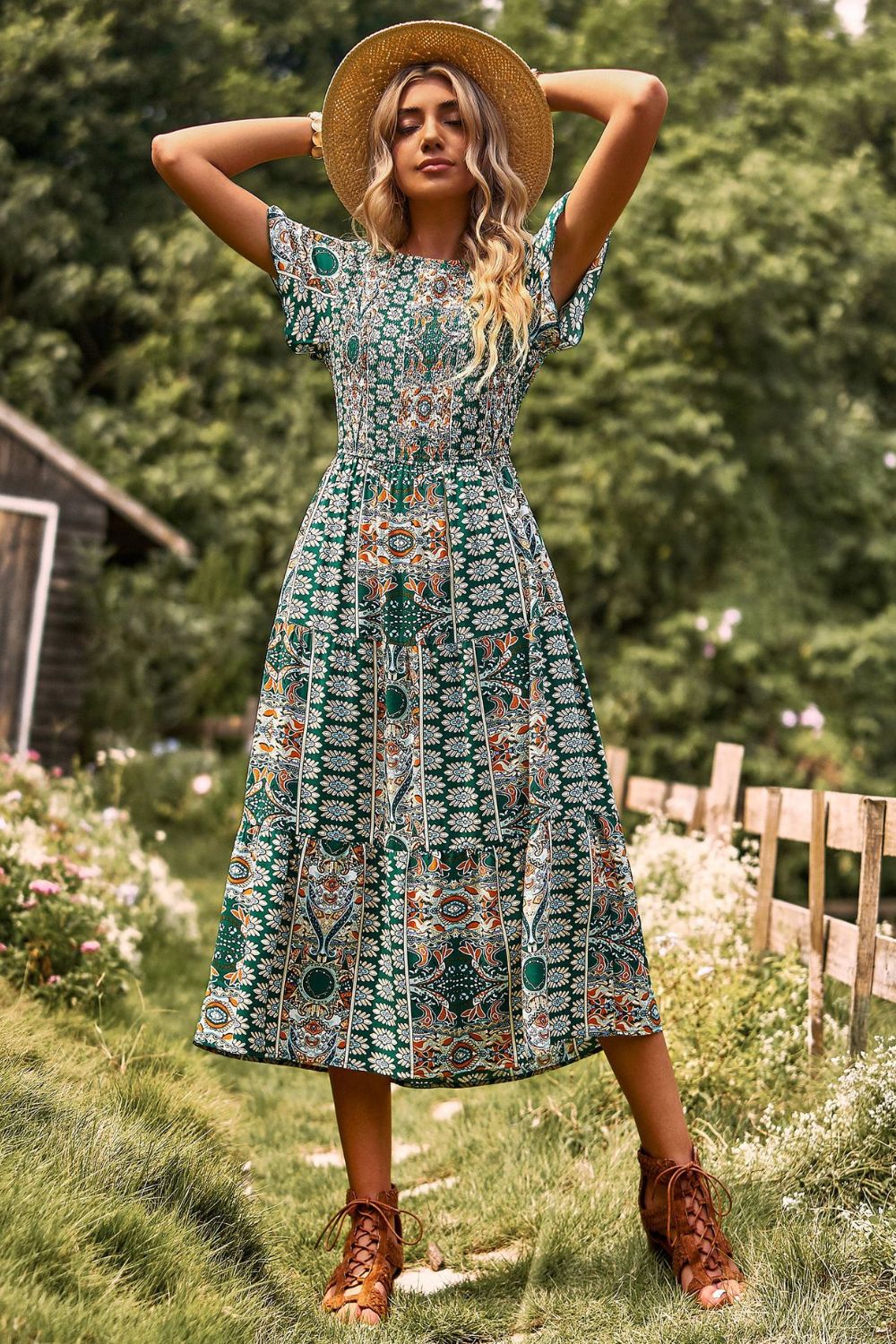 Printed Tie Back Flutter Sleeve Dress