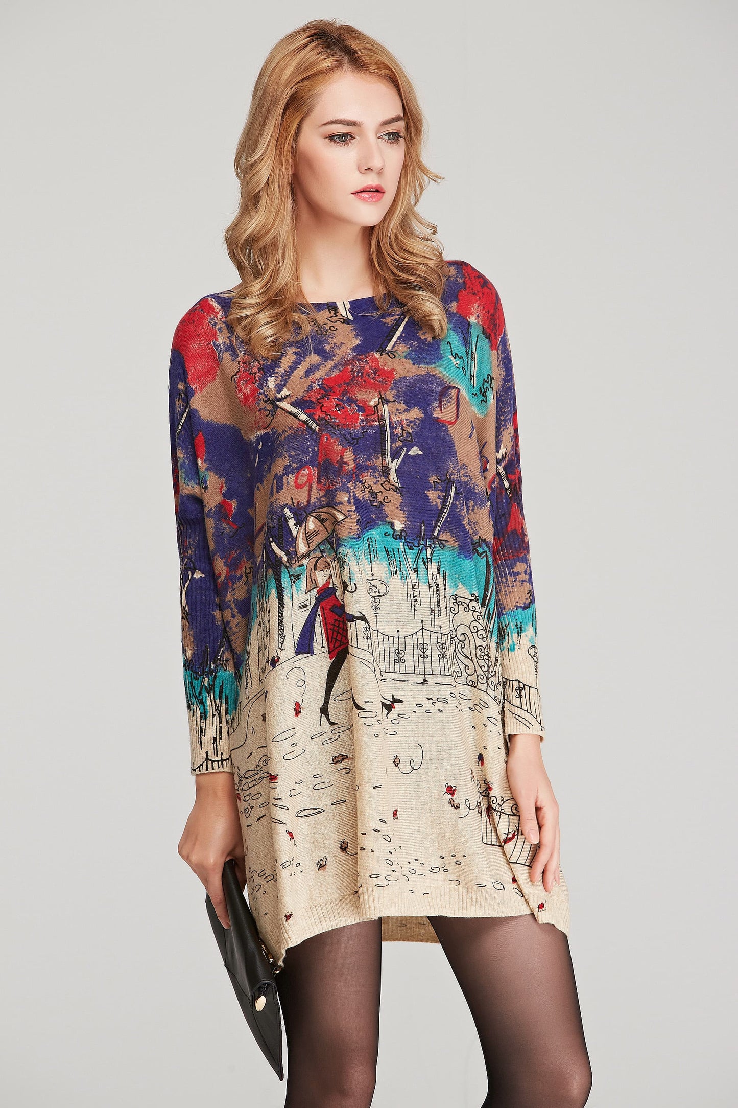 Printed Round Neck Longline Knit Top