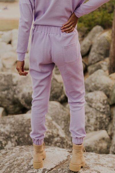 Waffle Knit Long Sleeve Top and Drawstring Pants Set