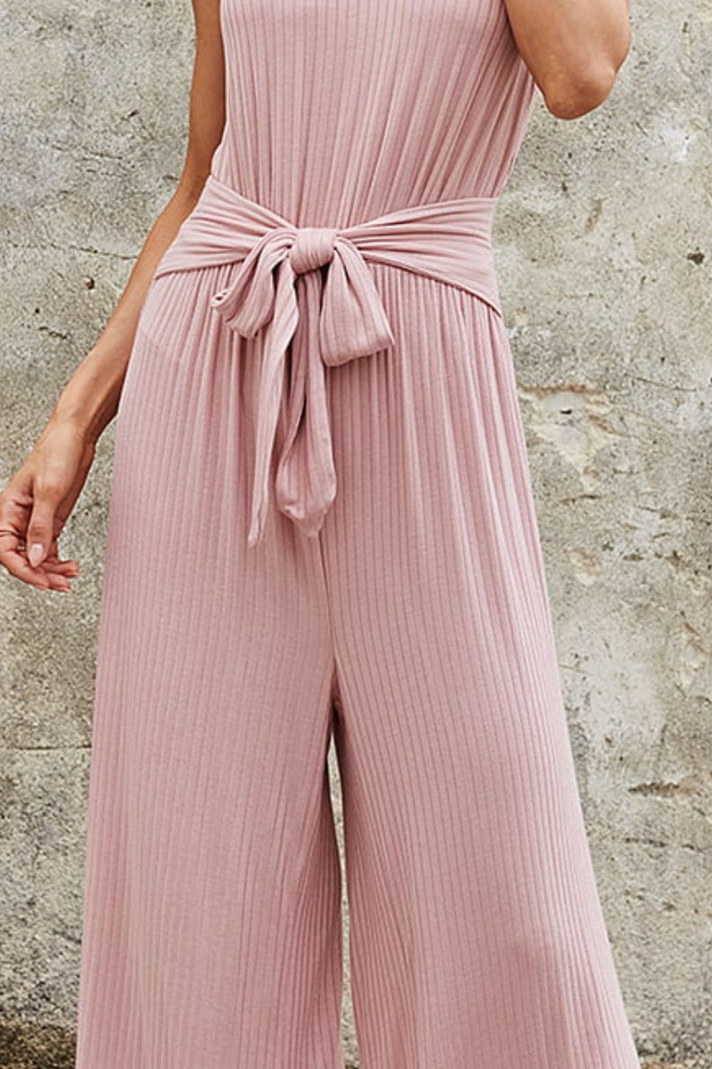 Ribbed Scoop Neck Tie Waist Sleeveless Jumpsuit