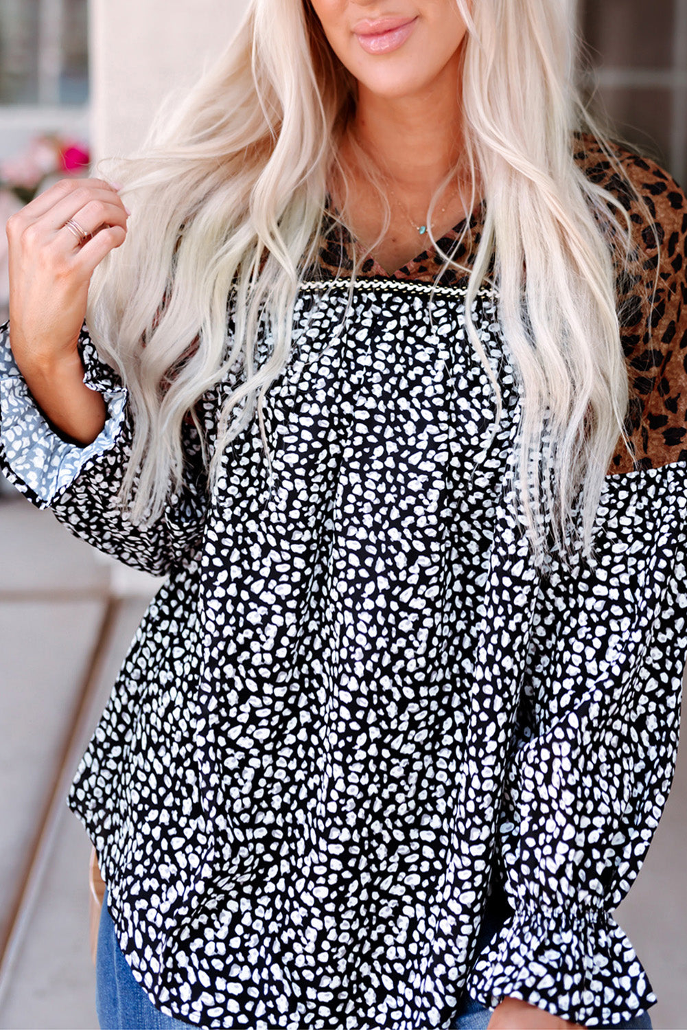 Animal Print Color Block  V-Neck Flounce Sleeve Blouse