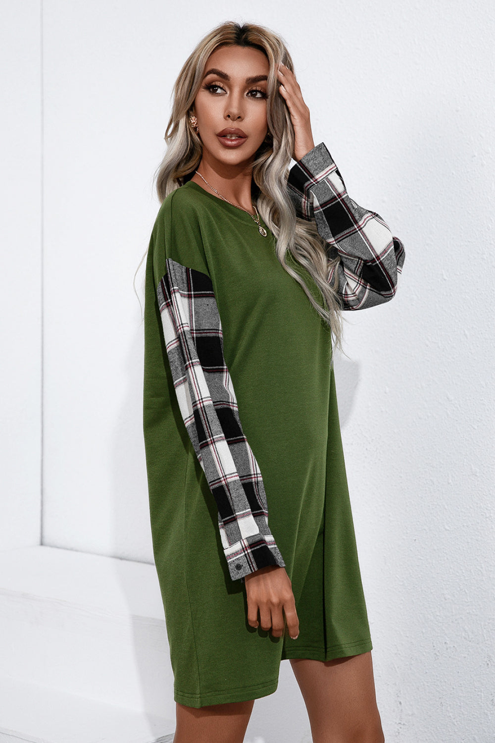 Plaid Sleeve Contrast T-Shirt Dress