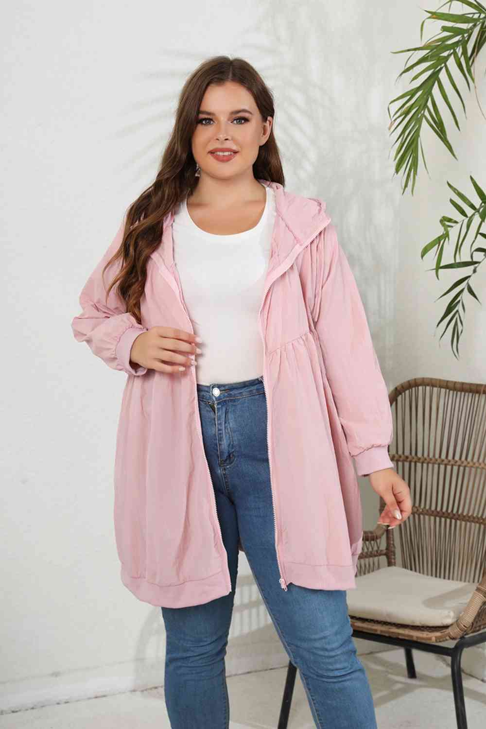 Plus Size Zip-Up Longline Hooded Jacket