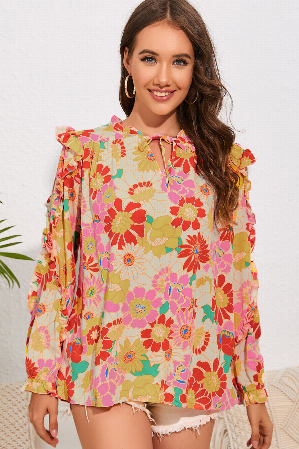 Floral Tie Neck Ruffled Blouse