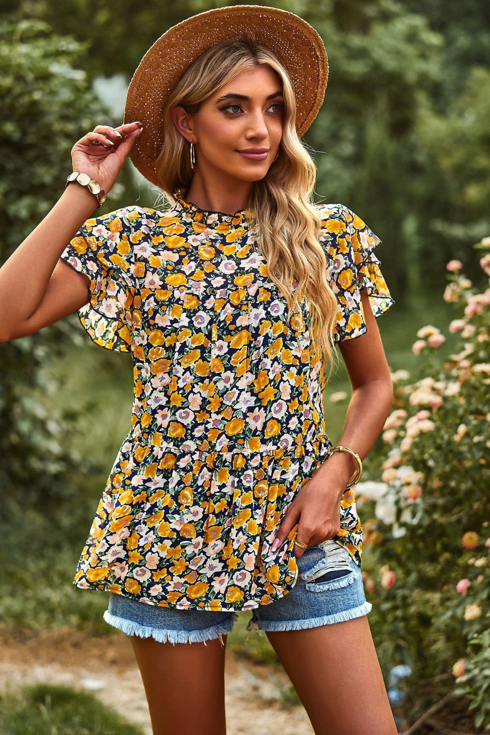 Printed Ruffle Collar Flutter Sleeve Blouse