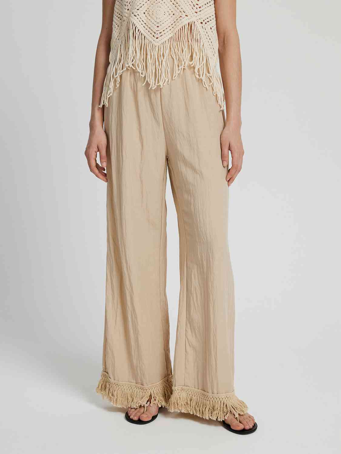 Fringe Hem Wide Leg Long Pants