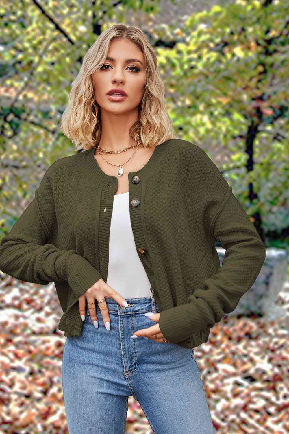 Button Up Round Neck Drop Shoulder Cardigan