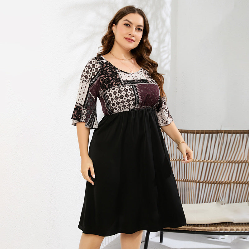 Plus Size Printed Two-Tone Flutter Sleeve Dress