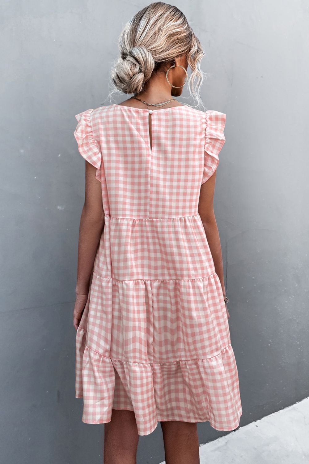 Gingham Ruffle Shoulder Tiered Dress