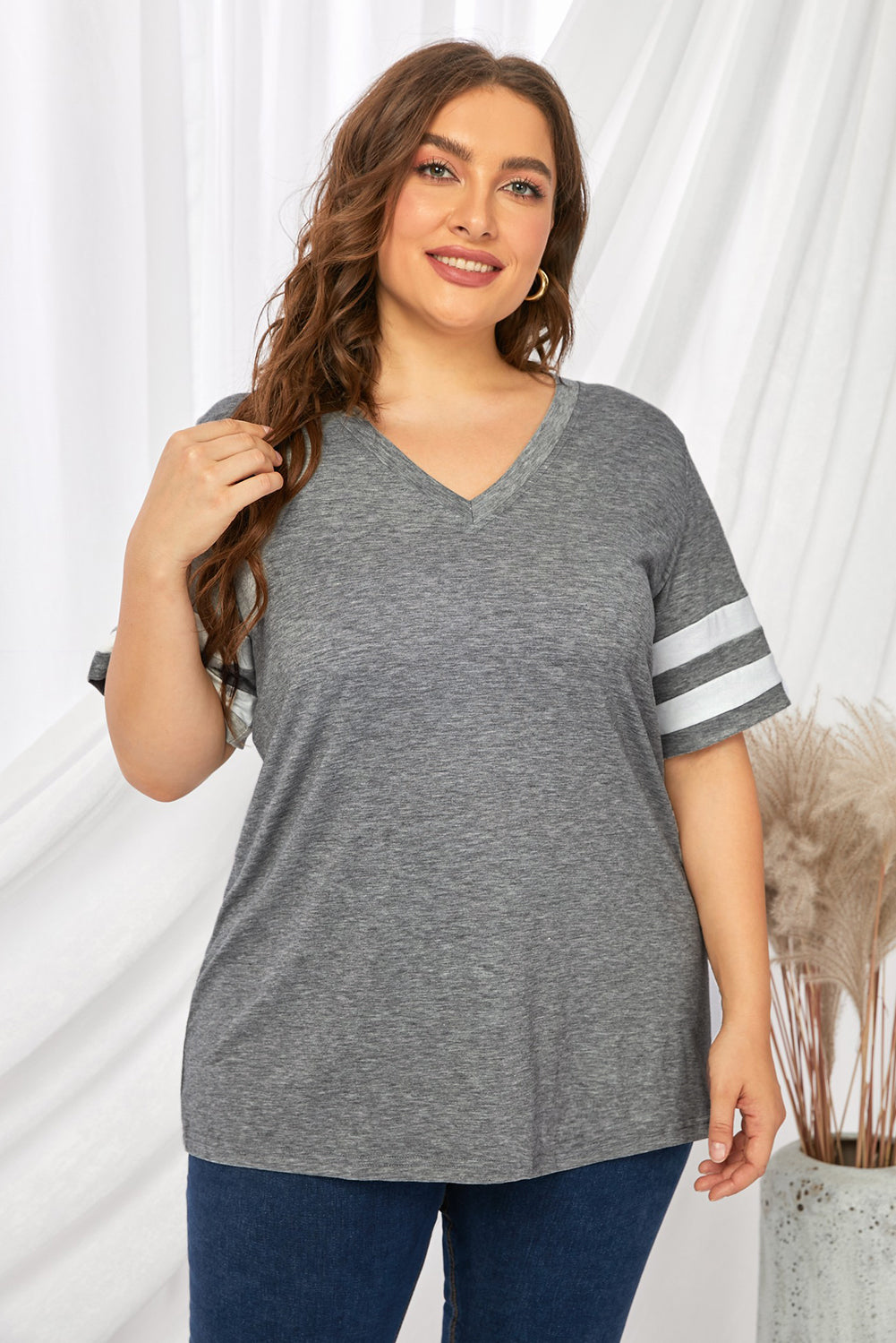 Plus Size Striped V-Neck Tee Shirt